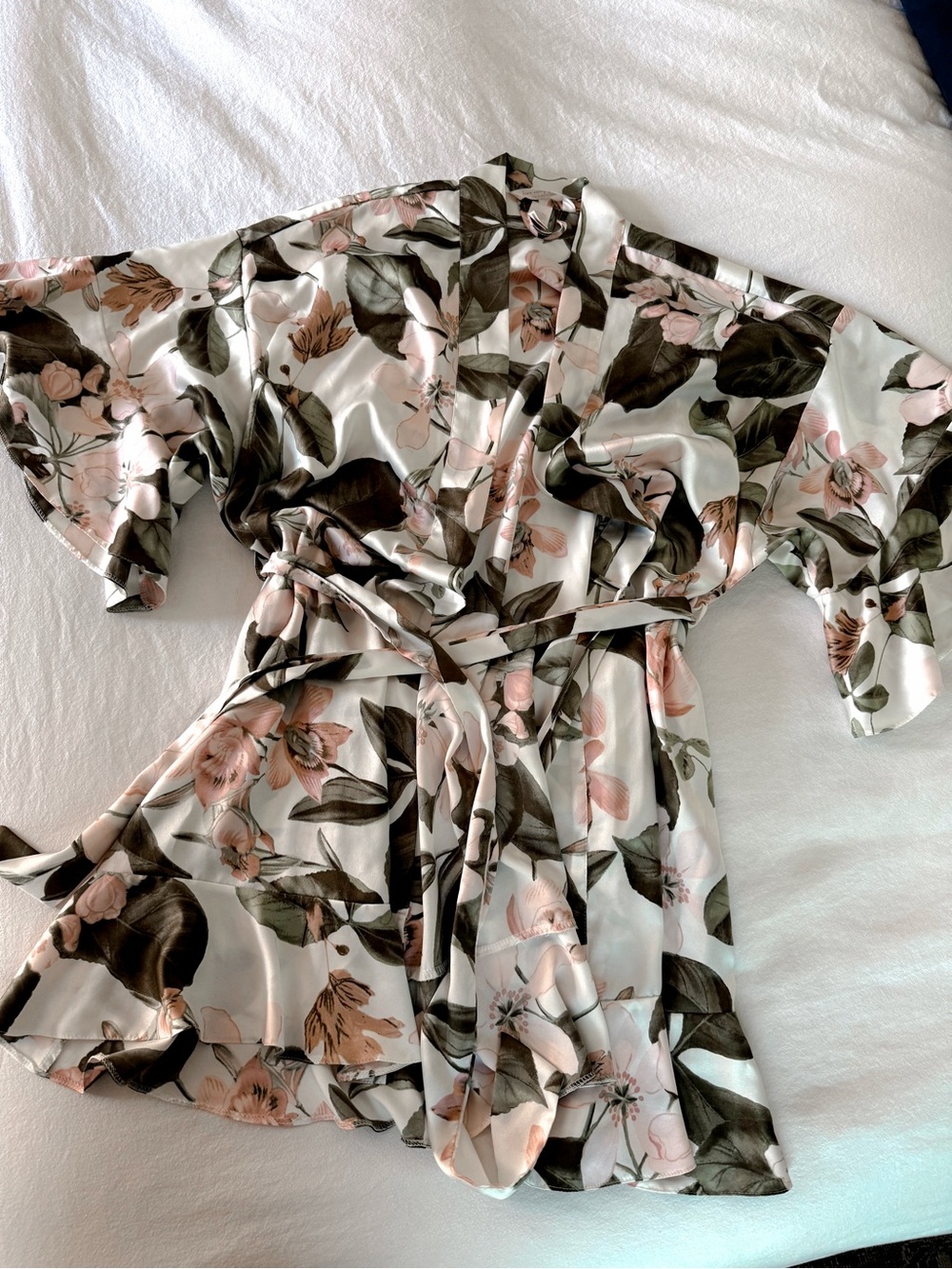 Vintage Victoria’s Secret Bridal Floral Satin Kimono Robe in Blush and Olive